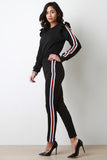 Ruffle Shoulder Sporty Striped Jogger Suit