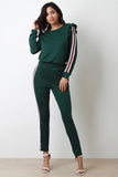 Ruffle Shoulder Sporty Striped Jogger Suit