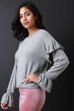 Soft Marled Knit Ruffled Trumpet Sleeves Top