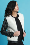 Faux Shearling Leather Sleeves Zip-Up Jacket