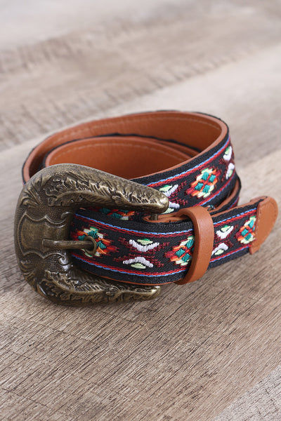 Vegan Leather Embroidered Tribal Western Buckle Belt