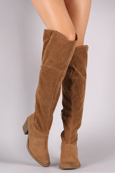 Qupid Suede Back Cutout Chunky Heeled OTK Boots