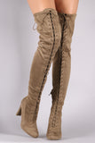 Suede Almond Toe Chunky Heeled Lace-Up OTK Boots
