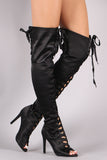 Lace-Up Satin Peep Toe Stiletto Over-The-Knee Boots