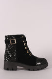 Bamboo Sequin Accent Military Lace-Up Suede Ankle Boots