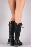 Vegan Leather Buckled Knee High Combat Lace Up Boots