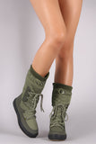 Quilted Nylon Sweater Cuff Lace Up Mid Calf Snow Boots
