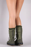 Quilted Nylon Sweater Cuff Lace Up Mid Calf Snow Boots