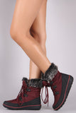 Quilted Nylon Faux Fur Cuff Lace Up Snow Boots
