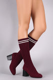 Wild Diva Lounge Cable Knit Sock Mid Calf Block Heel Boots