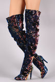 Liliana Holographic Sequin Velvet Slouchy Stiletto OTK Boots
