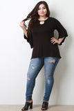 Stretch Knit Keyhole Ruffle Bell Sleeve Top