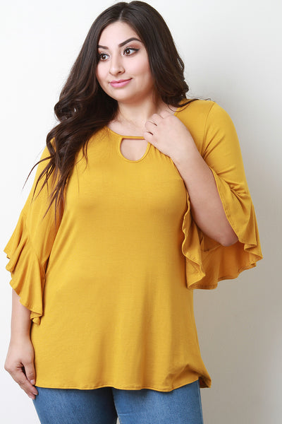 Stretch Knit Keyhole Ruffle Bell Sleeve Top