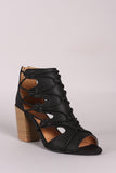 Qupid Distressed Strappy Cutout Chunky Heeled Booties