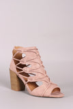 Qupid Distressed Strappy Cutout Chunky Heeled Booties