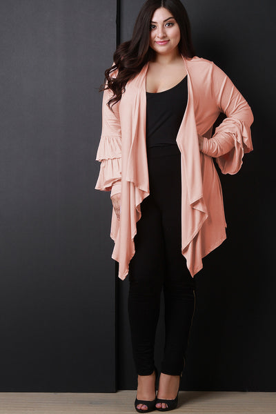 Draped Open Front Ruffle Sleeves Cardigan