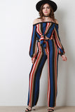Multicolor Striped Tie-Front Crop Top With High Waist Pants