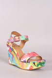 Bamboo Printed Satin Buckle Ankle Strap Platform Wedge
