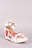 Bamboo Printed Satin Buckle Ankle Strap Platform Wedge