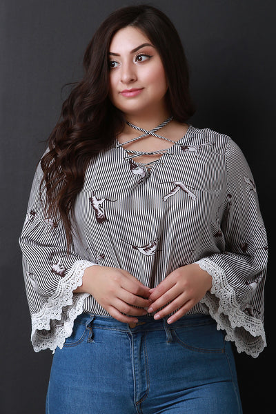 Stripes And Birds Print Bell Sleeves Lace-Up Top