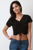 Jersey Knit Ruched Lace-Tie V-Neck Crop Top