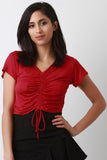 Jersey Knit Ruched Lace-Tie V-Neck Crop Top