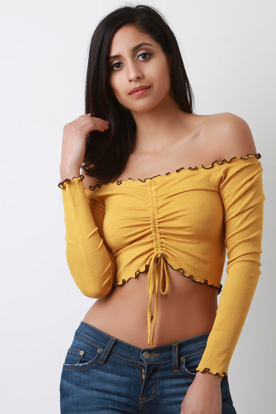 Ruched Lace-Tie Bardot Long Sleeves Crop Top