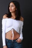 Ruched Lace-Tie Bardot Long Sleeves Crop Top