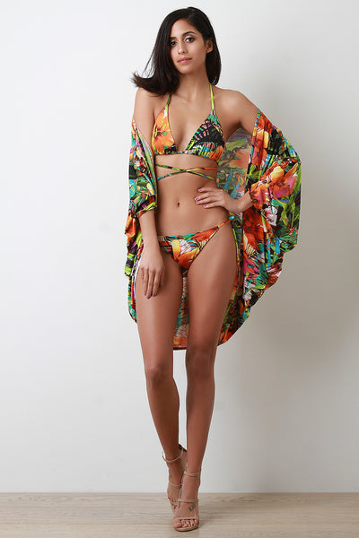 Hibiscus Floral Crisscross Bikini Set with Kimono Cover Up