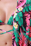 Tropical Palm Crisscross Bikini Set with Kimono Cover Up