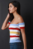 Striped Ribbed Knit Off The Shoulder Crop Top
