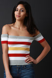 Striped Ribbed Knit Off The Shoulder Crop Top