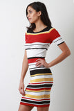 Striped Short Sleeves Rib Knit Bodycon Dress