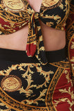 Filigree Printed Self Tie Crop Top With Midi Skirt Set