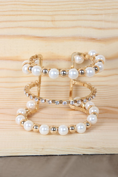 Triple Tier Pearls with Rhinestone Cuff Bracelet