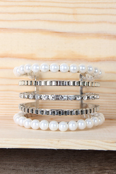 Four Tier Pearls with Rhinestone Cuff Bracelet