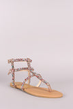 Qupid Leather Strappy Rhinestone Caged Thong Flat Sandal