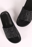 Open Toe Glitter Encrusted Band Flatform Slide Sandal