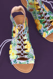 Qupid Tropical Caged Lace Up Open Toe Flat Sandal