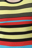Striped Ribbed Knit Snap Button Slit Maxi Dress