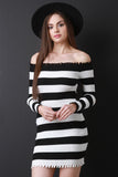 Distressed Striped Ribbed Knit Bardot Bodycon Dress
