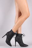 Quilted Puffer Lace Up Pointy Toe Stiletto Booties