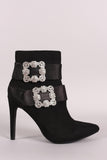 Faux-Crystal Buckle Embellished Suede Pointy Toe Booties