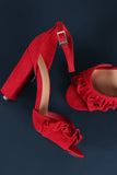 Bamboo Suede Ruffled Ankle Strap Chunky Heel