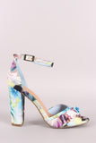 Bamboo Floral Ruffled Ankle Strap Chunky Heel
