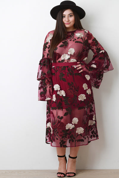 Floral Embroidery Mesh Trumpet Sleeve Two Piece Dress
