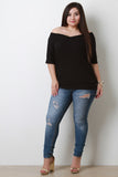 Ribbed Off Shoulder Elbow Sleeves Top