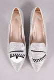Glitter Encrusted Embroidered Pointy Toe Loafer Flat