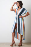 Color Striped Drawstring Waist Open Dress