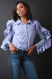Pinstriped Ruffle Statement Sleeve Button-Up Top